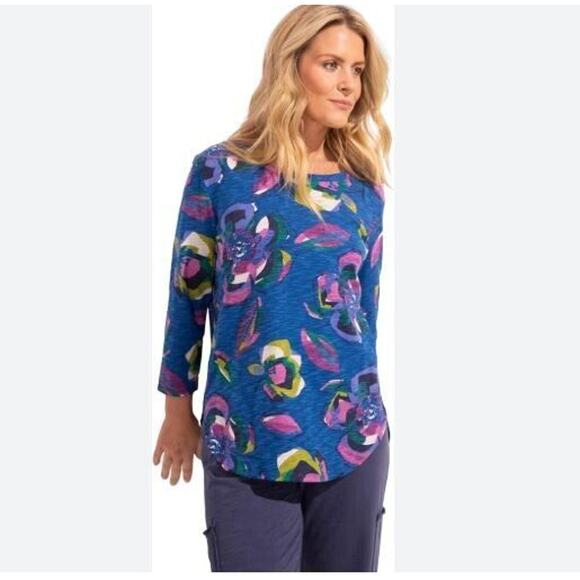 Habitat Escape Size Medium M Blue Floral Print Scoop 3/4 Sleeve High Low Top NEW - Picture 2 of 8